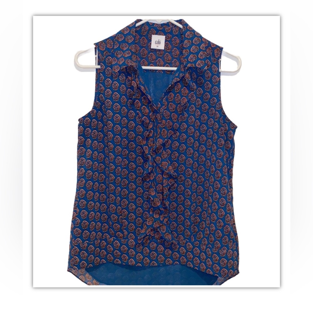 CAbi Medallion Reign Teal Multi Ruffle Blouse Sleeveless Hi/Low Hem XS-EUC